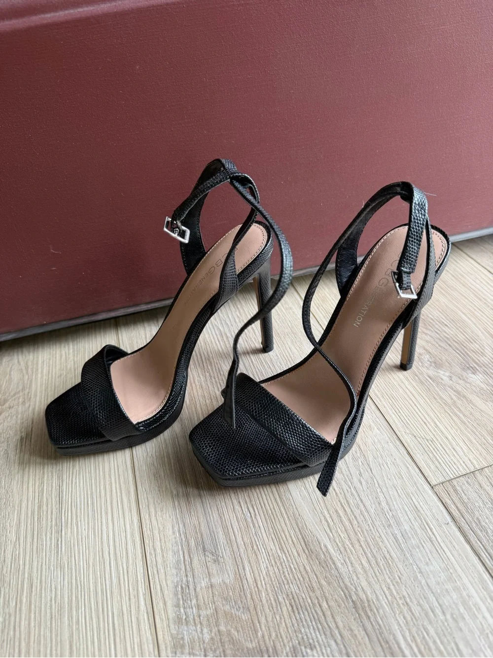 BCBGeneration Black Textured Ankle-Tie Stiletto Sandals